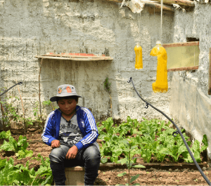 a boy sits among his plants in his home garden