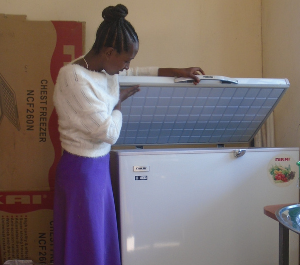 A teenage girl stands next to a chest freezer