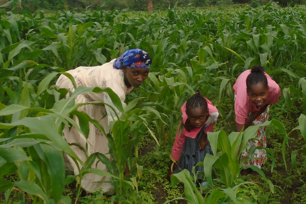 a woman and her two young daughters hoe a garden