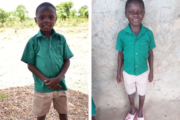 two portraits of the same boy, one when he's 4 and one when he's 10 and both of the pictures have him smiling